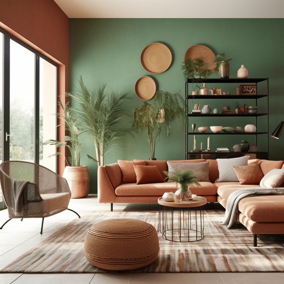 Salon terracota vert, architecture d'intérieur et aménagement